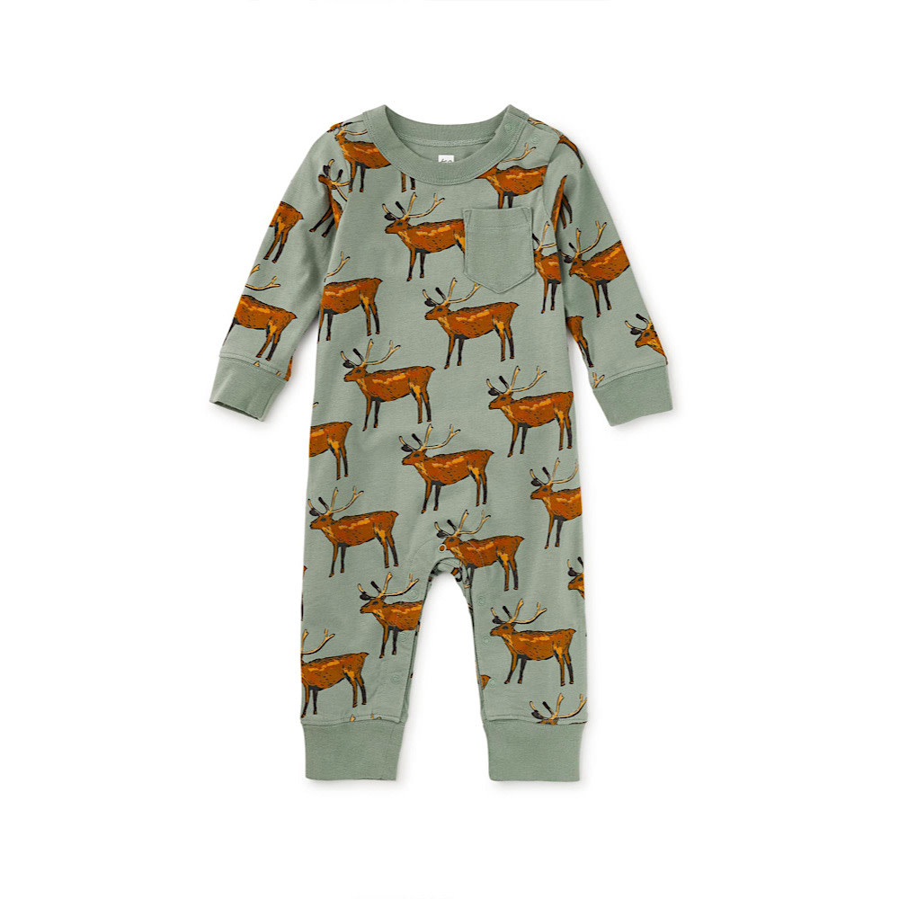 Tea Collection Tea Collection Long Sleeve Pocket Baby Romper - Painted Deer