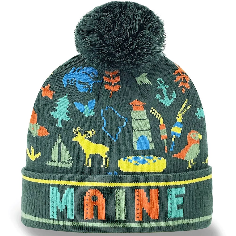 Winter Knit Beanie with Pom Pom - Maine State Icon - Forest Green