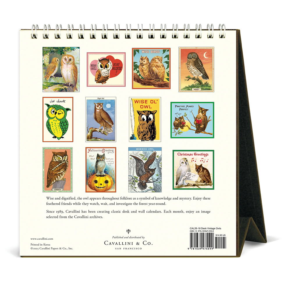 Cavallini 2026 Desk Calendar - Owls
