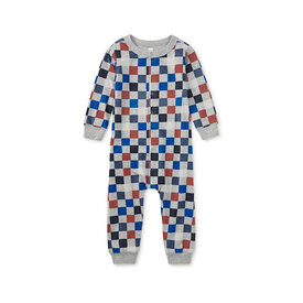 Tea Collection Tea Collection Long Sleeve Snap Front Romper - Multicolored Checkerboard