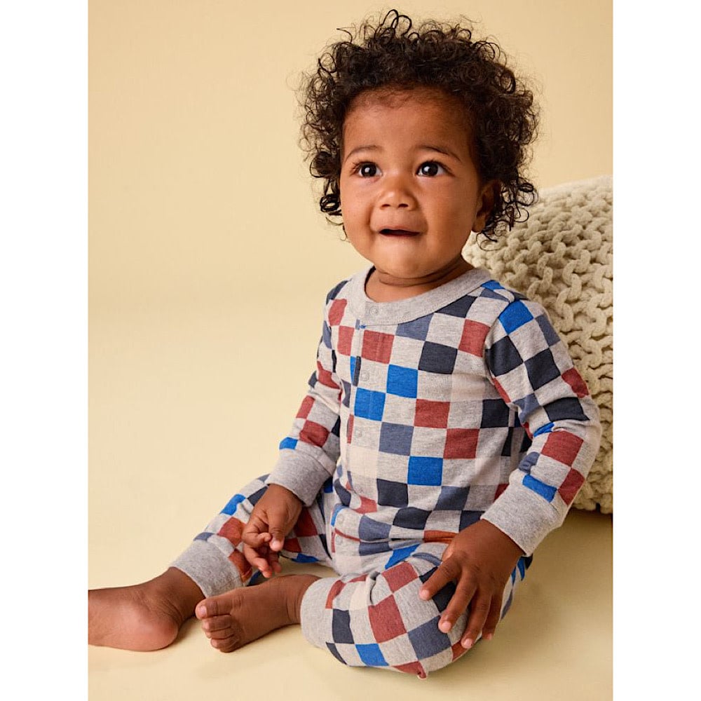 Tea Collection Long Sleeve Snap Front Romper - Multicolored Checkerboard