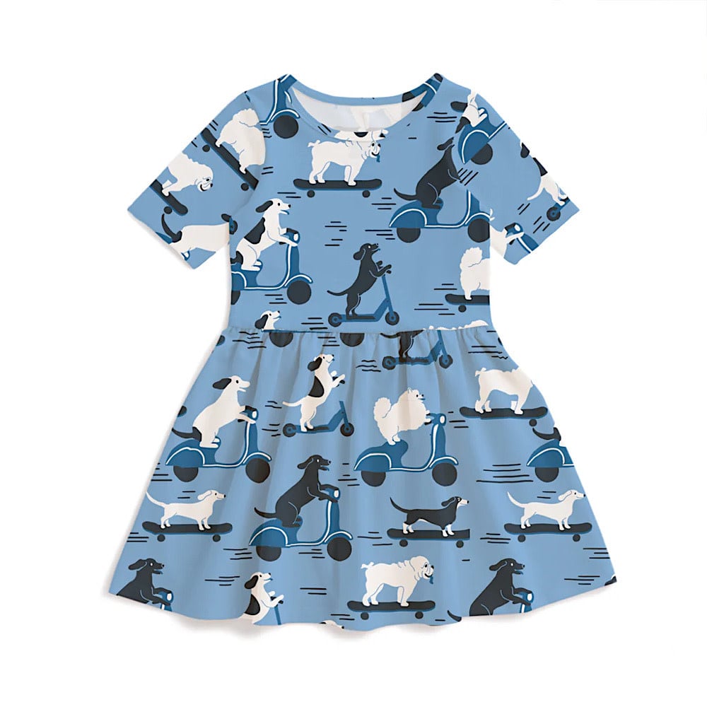 Winter Water Factory Winter Water Factory Alberta Dress - Dogs on Scooters Blue