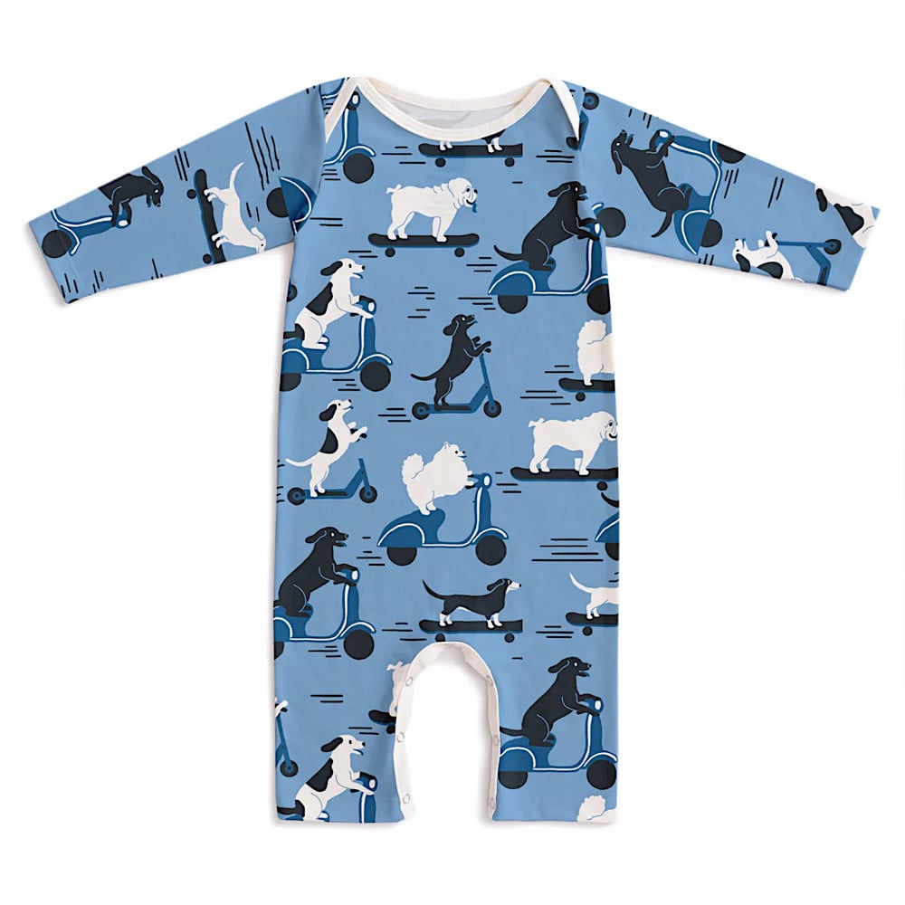 Winter Water Factory Long-Sleeve Romper - Dogs on Scooters Blue