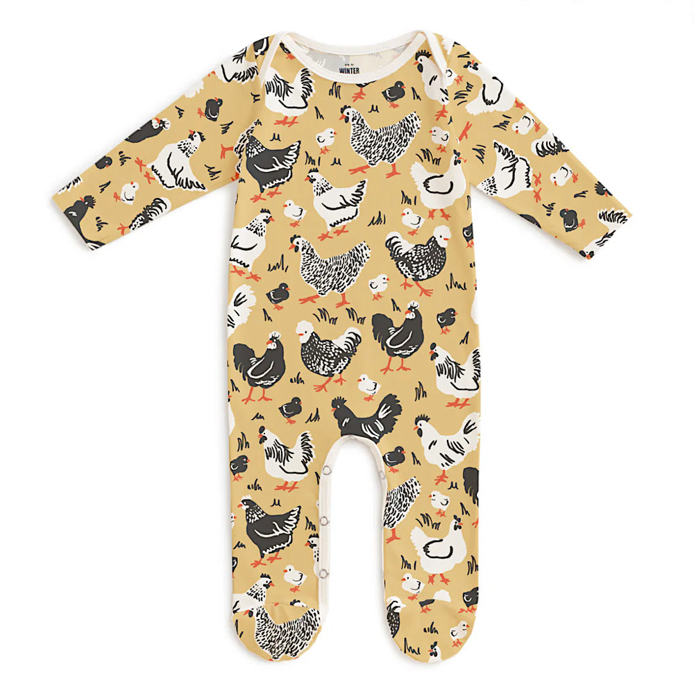Winter Water Factory Long-Sleeve Footed Romper - Chicken Family Yellow