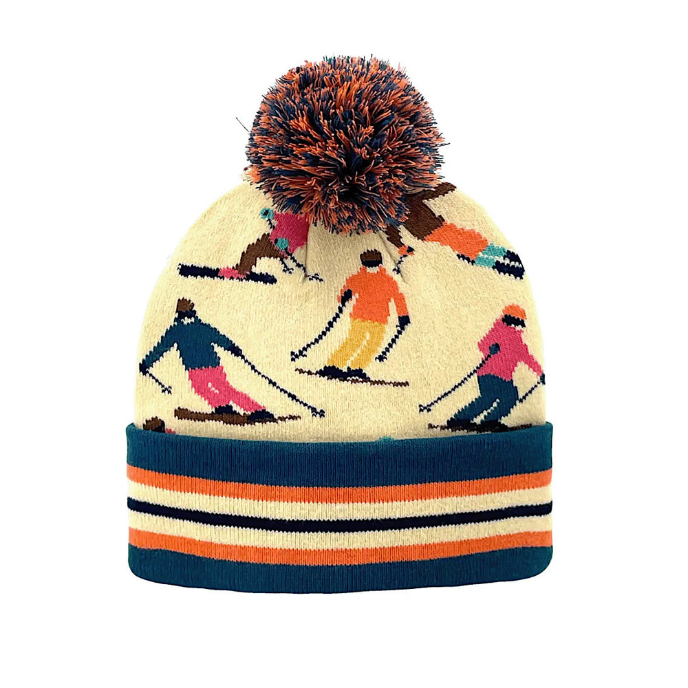 Winter Knit Beanie with Pom Pom - Colorful Skiers