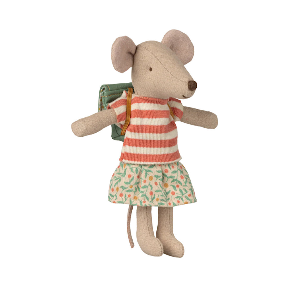 Maileg Maileg Big Sister Mouse - Tricycle - Green Bag Coral Stripe Shirt
