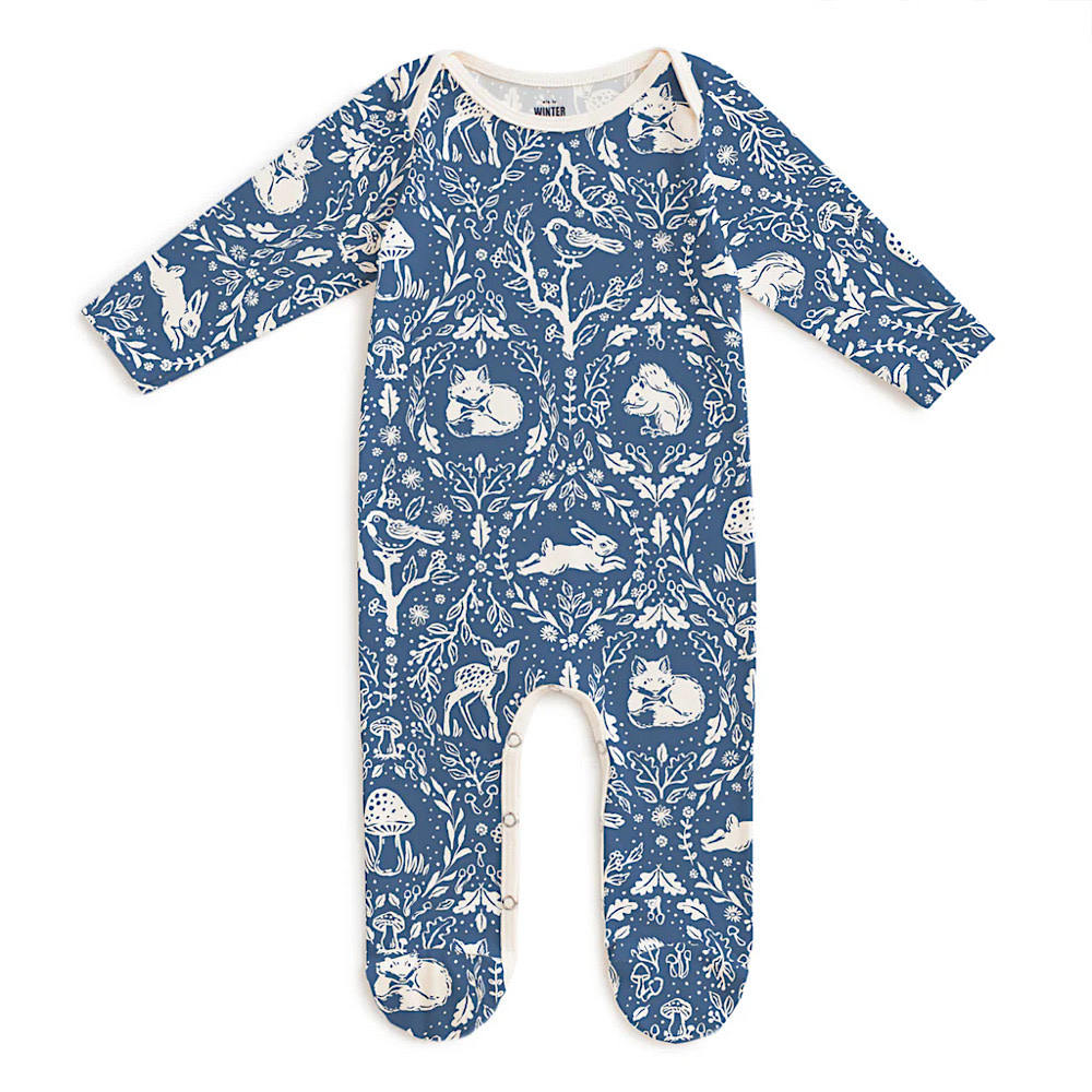 Winter Water Factory Long Sleeve Footed Romper - Animal Tapestry Blue
