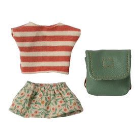 Maileg Maileg Big Sister Clothes - Green Bag, Coral Shirt, Floral Skirt