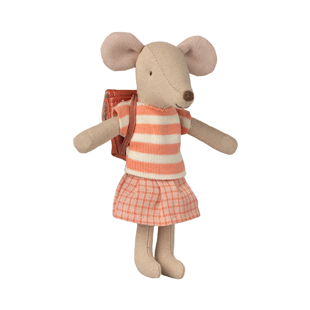 Maileg Big Sister Mouse - Tricycle - Coral Bag Thick Stripe Shirt