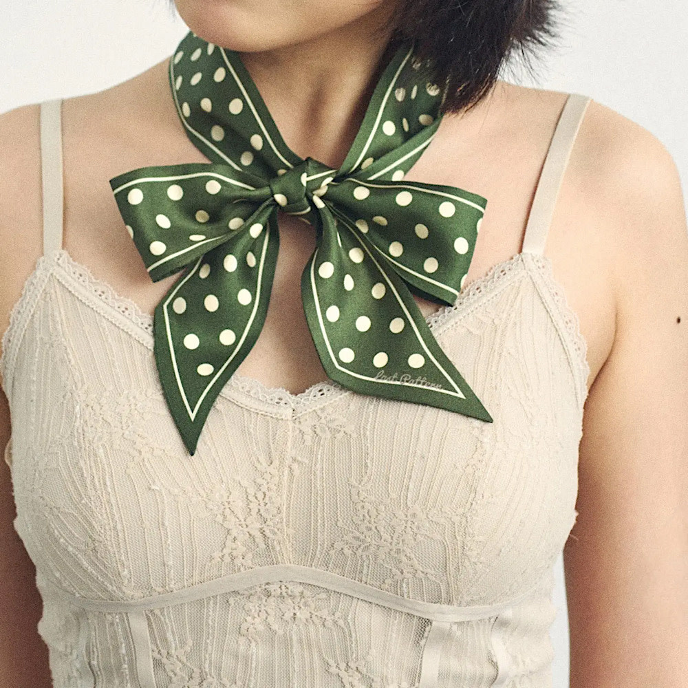 Lost Pattern Silk Skinny Scarf - Dark Green Retro Polka