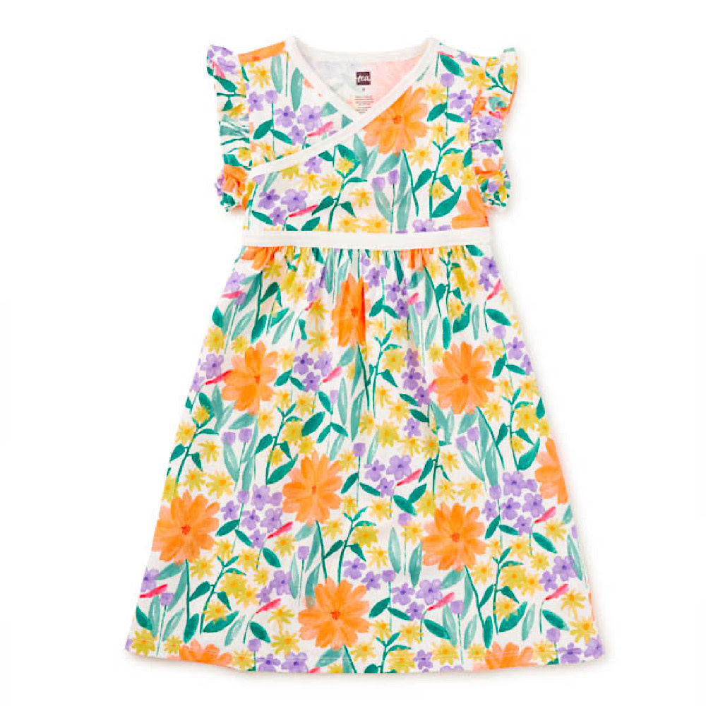 Tea Collection Wrap Neck Dress - Watercolor Floral