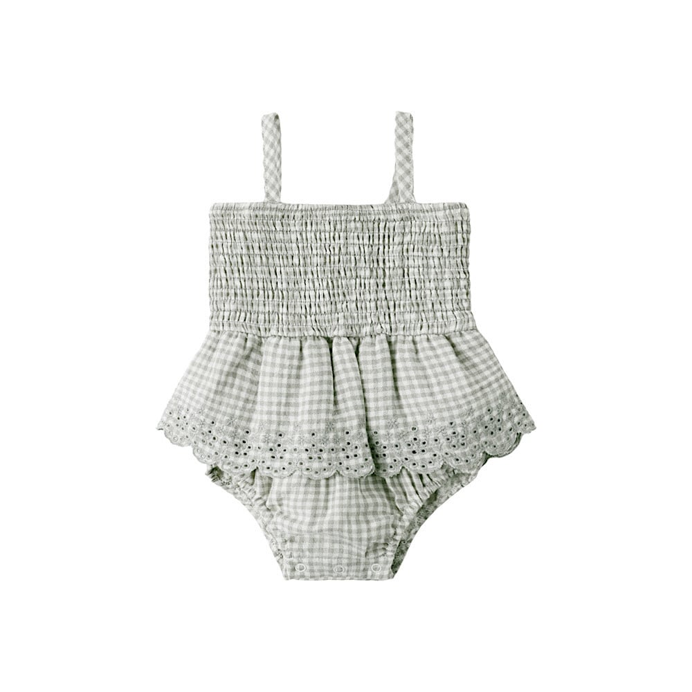 Quincy Mae Quincy Mae Smocked Skirted Romper - Sage Gingham