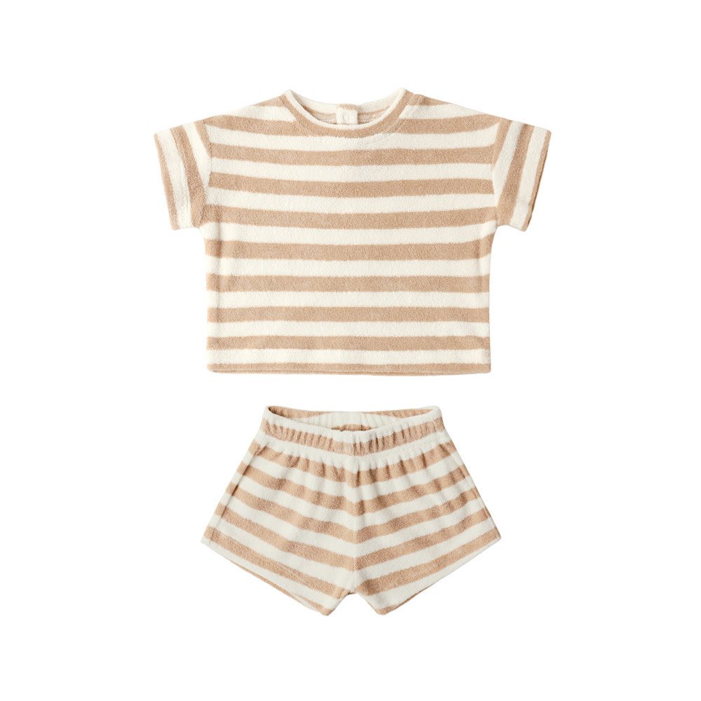 Quincy Mae Terry Tee + Short Set - Latte Stripe
