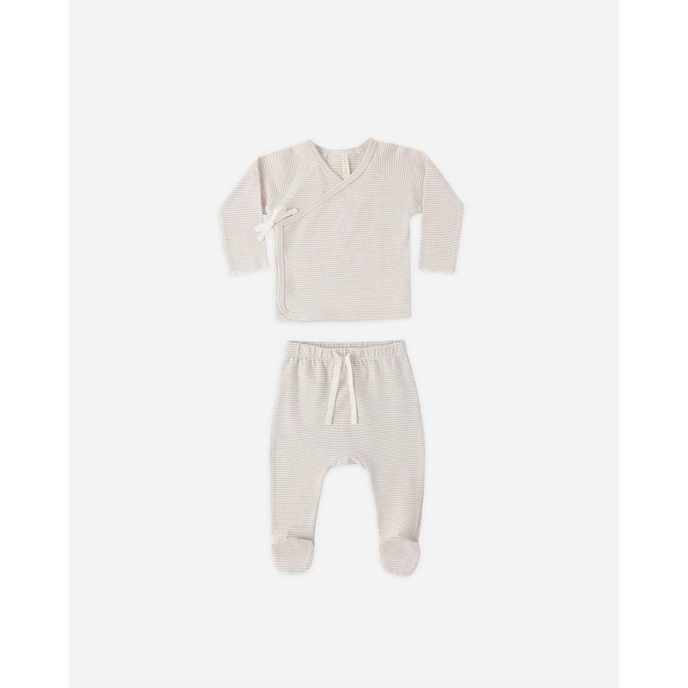 Quincy Mae Wrap Top + Footed Pant Set - Oat Micro Stripe