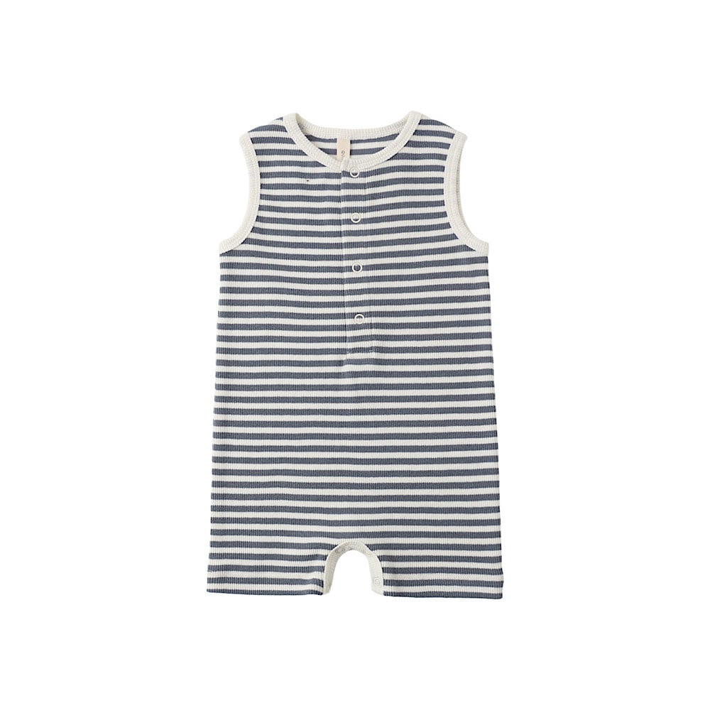 Quincy Mae Ribbed Henley Romper - Ocean Stripe