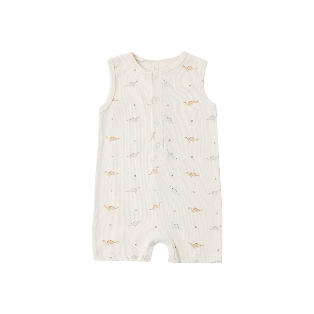 Quincy Mae Ribbed Henley Romper - Dinos