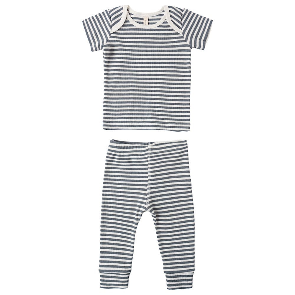 Quincy Mae Ribbed Short Sleeve Tee + Leggings Set - Ocean Stripe