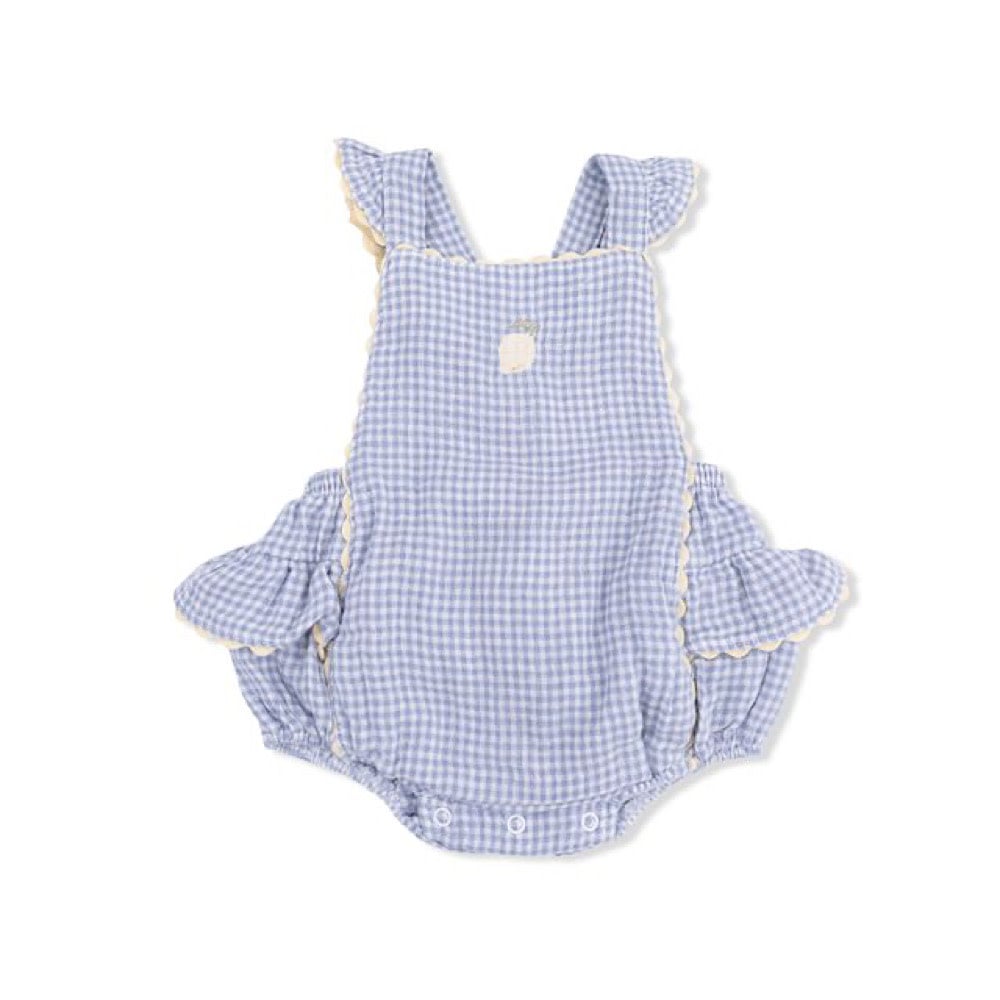 Angel Dear Angel Dear Ric Rac Ruffle Sunsuit - Micro Gingham Blue Blizzard