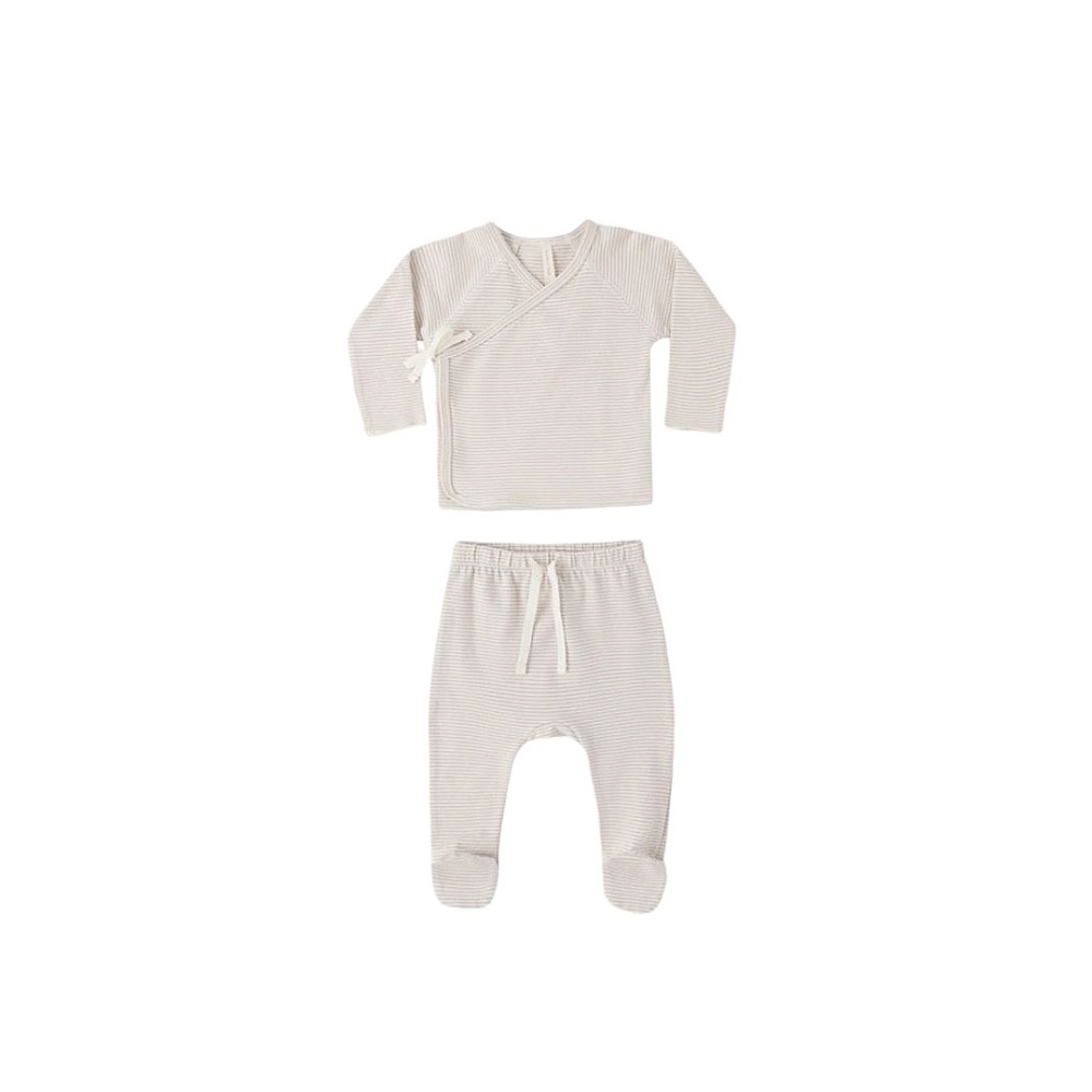 Quincy Mae Wrap Top + Footed Pant Set - Oat Micro Stripe