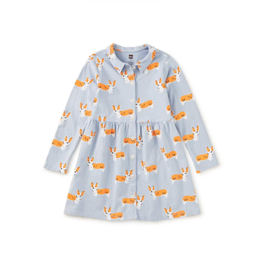 Tea Collection Collared Long Sleeve Shirt Dress - Cutie Corgis