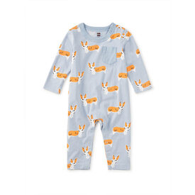 Tea Collection Tea Collection Long Sleeve Pocket Baby Romper - Cutie Corgis