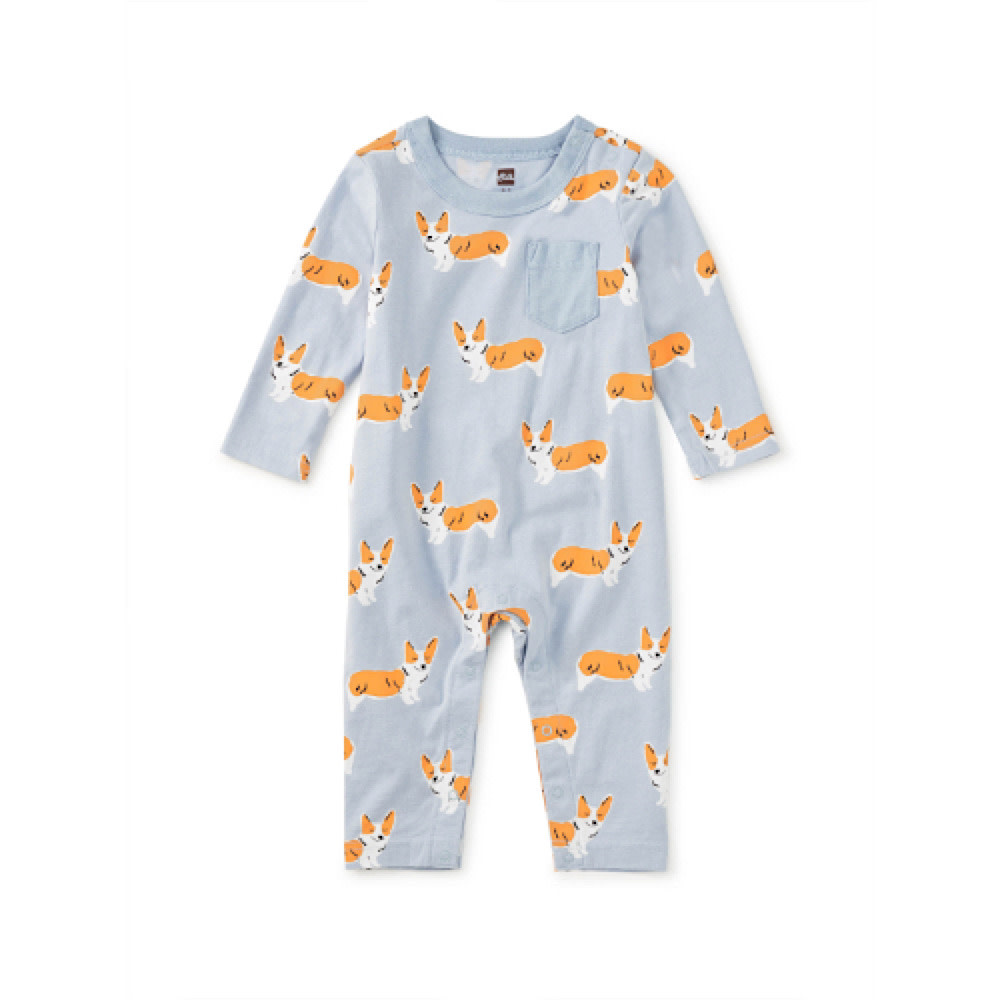 Tea Collection Long Sleeve Pocket Baby Romper - Cutie Corgis