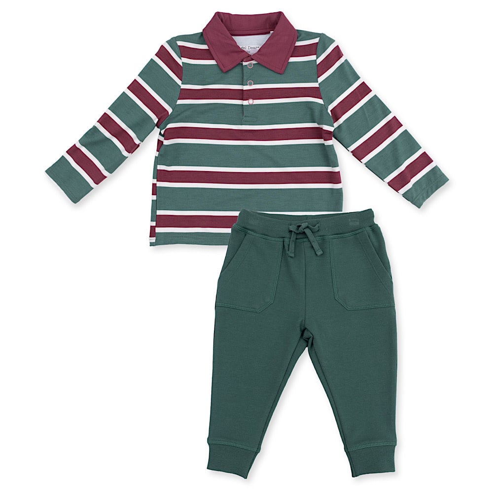 Angel Dear Long Sleeve Polo and Jogger - Rugby Stripe Green