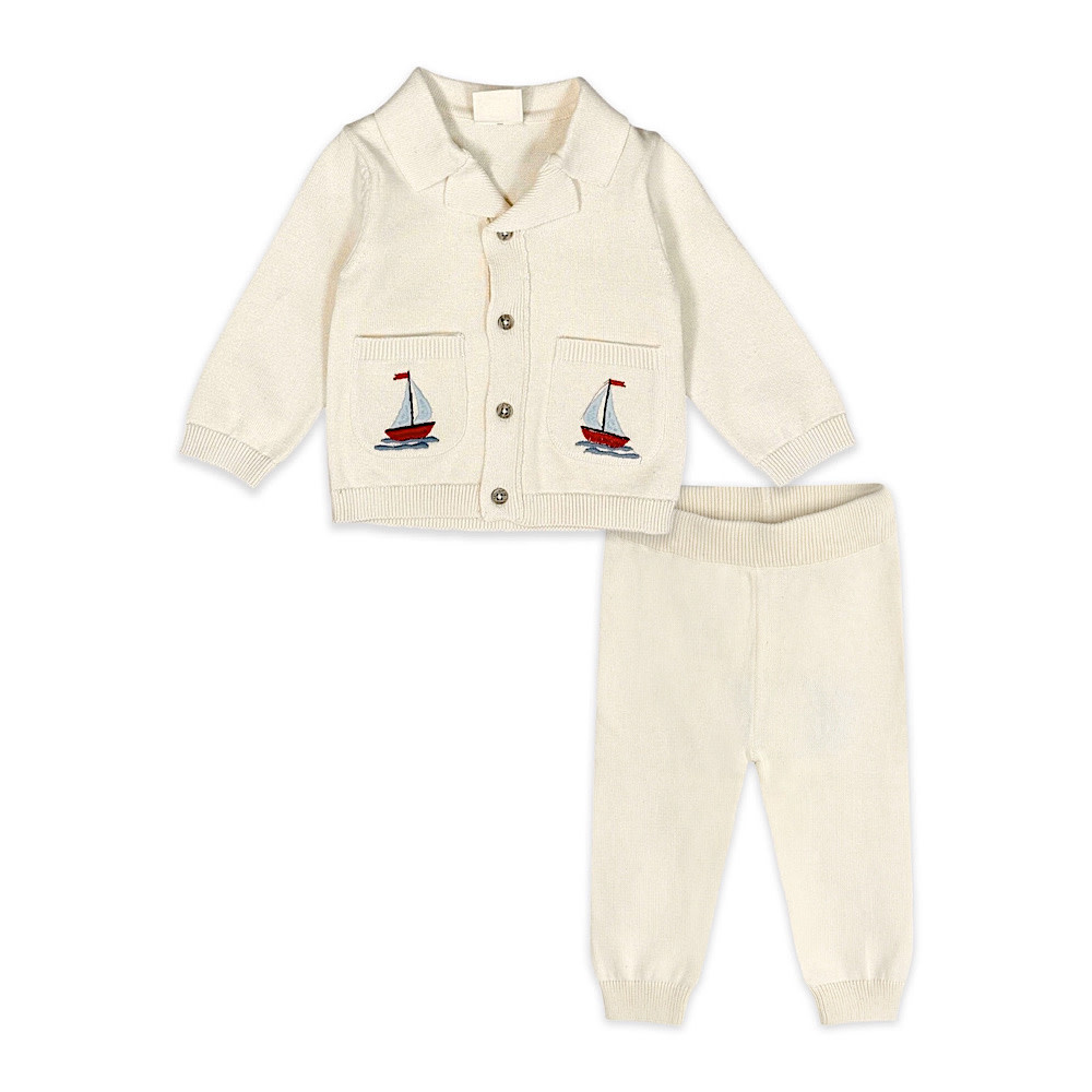 Viverano Organics Viverano Organics Embroidered Pocket Baby Shirt & Pants - Sailboat