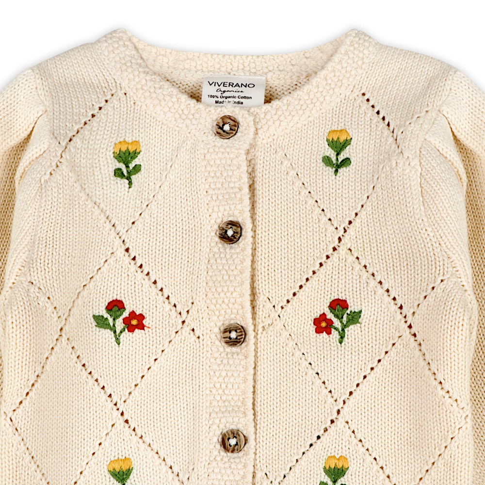 Viverano Organics Lisa Floral Embroidered Baby Cardigan - Natural