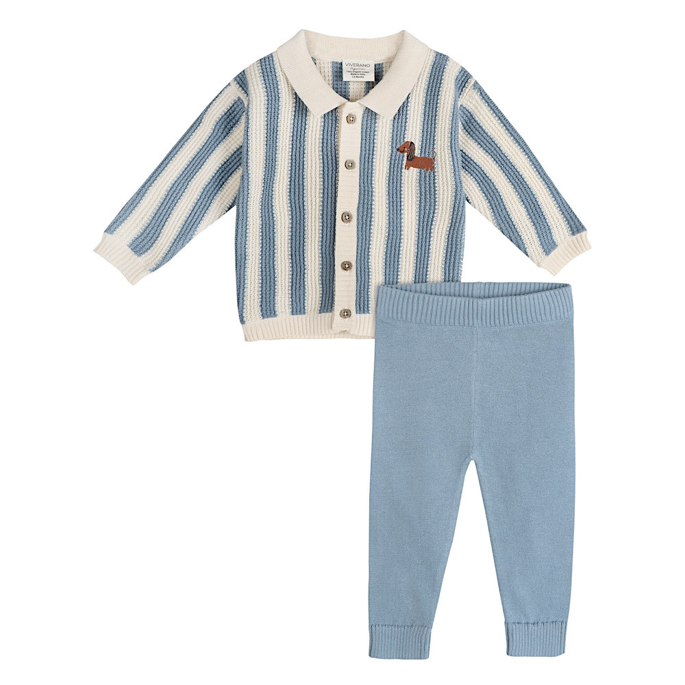 Viverano Organics Dog Stripe Baby Collar Cardigan & Pant Set - Mineral Blue