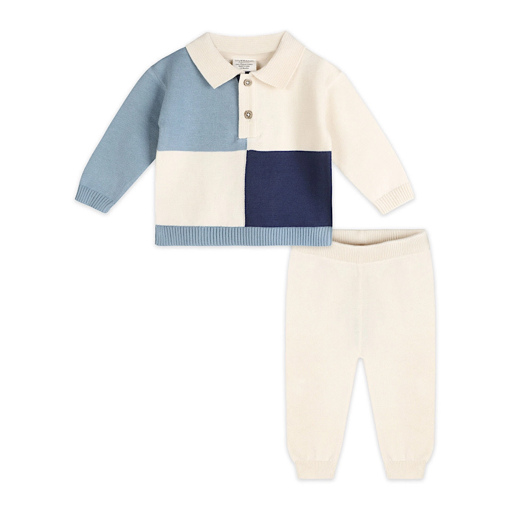 Viverano Organics Viverano Organics Luke Color Block Knit Baby Polo & Pant Set - Ecru