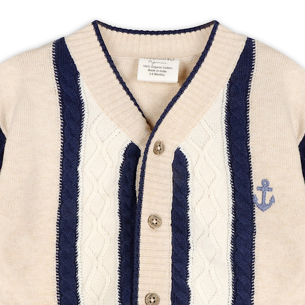 Viverano Organics Anchor Stripe Knit Baby Cardigan - Oatmeal