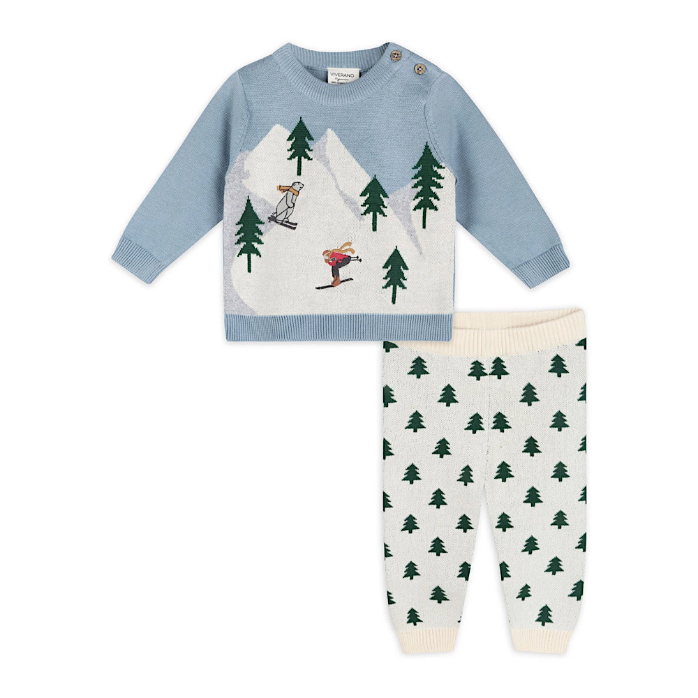 Viverano Organics Ski Knit Baby Sweater Pullover & Pants - Mineral Blue
