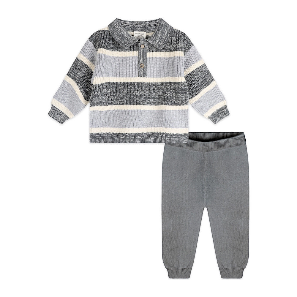 Viverano Organics Viverano Organics Rugby Stripe Polo Knit Baby Pullover & Pant Set - Charcoal
