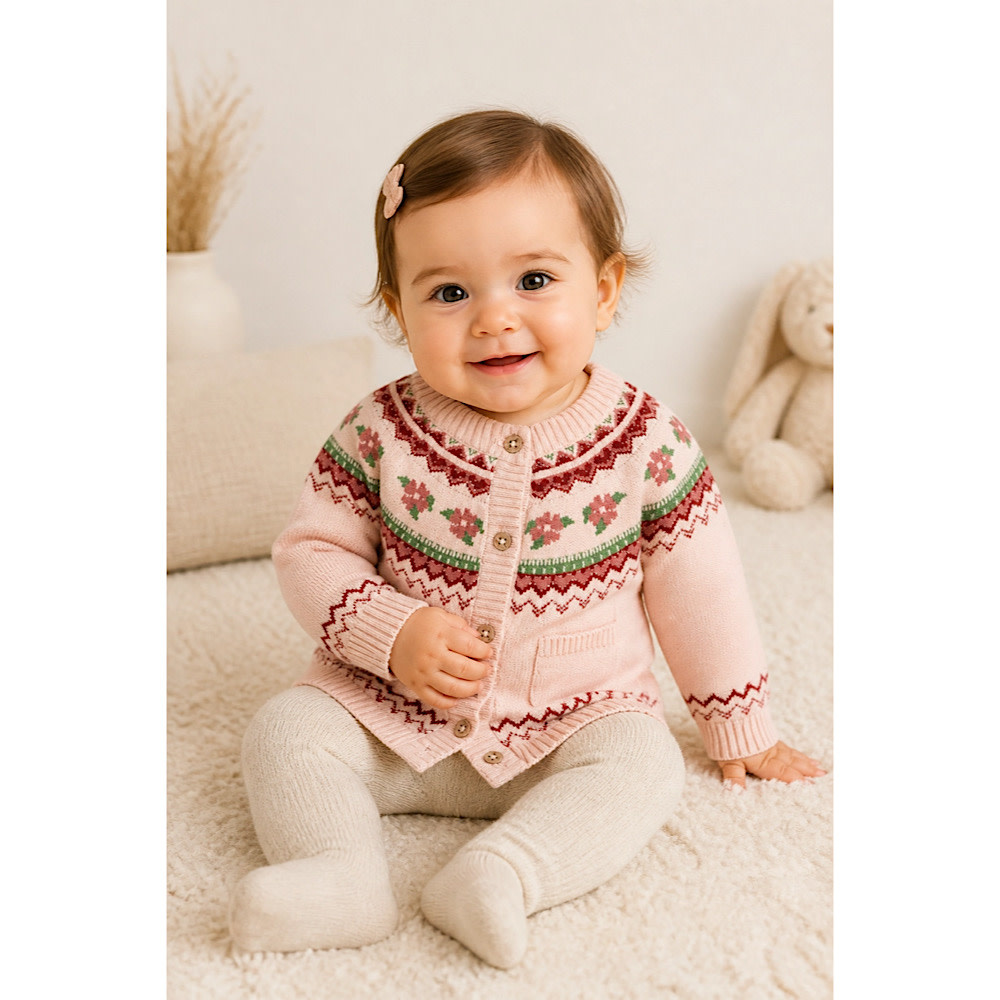 Viverano Organics Lily Floral Fair Isle Knit Baby Cardigan - Sweet Pink