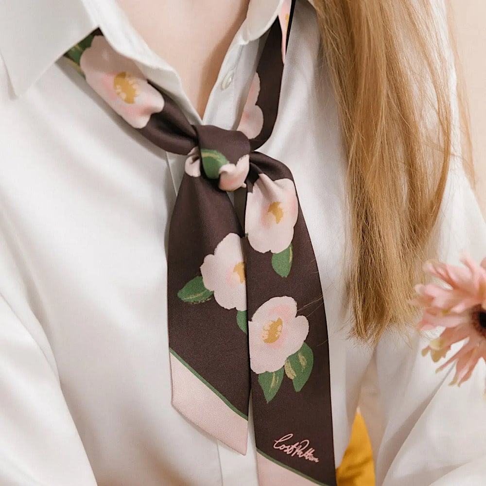 Lost Pattern Silk Twill Skinny Scarf - Dark Brown Camellia