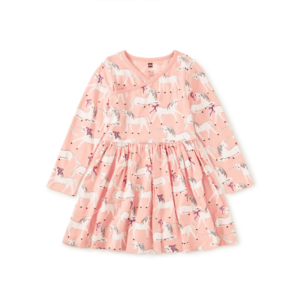 Tea Collection Long Sleeve Wrap Neck Dress - Royal Meadow Unicorns