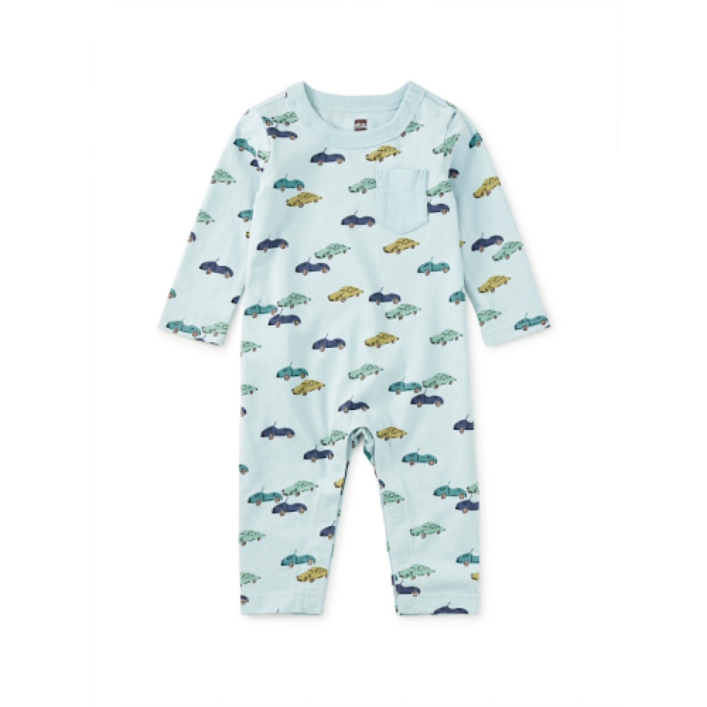 Tea Collection Tea Collection Long Sleeve Pocket Baby Romper - Mini Cars