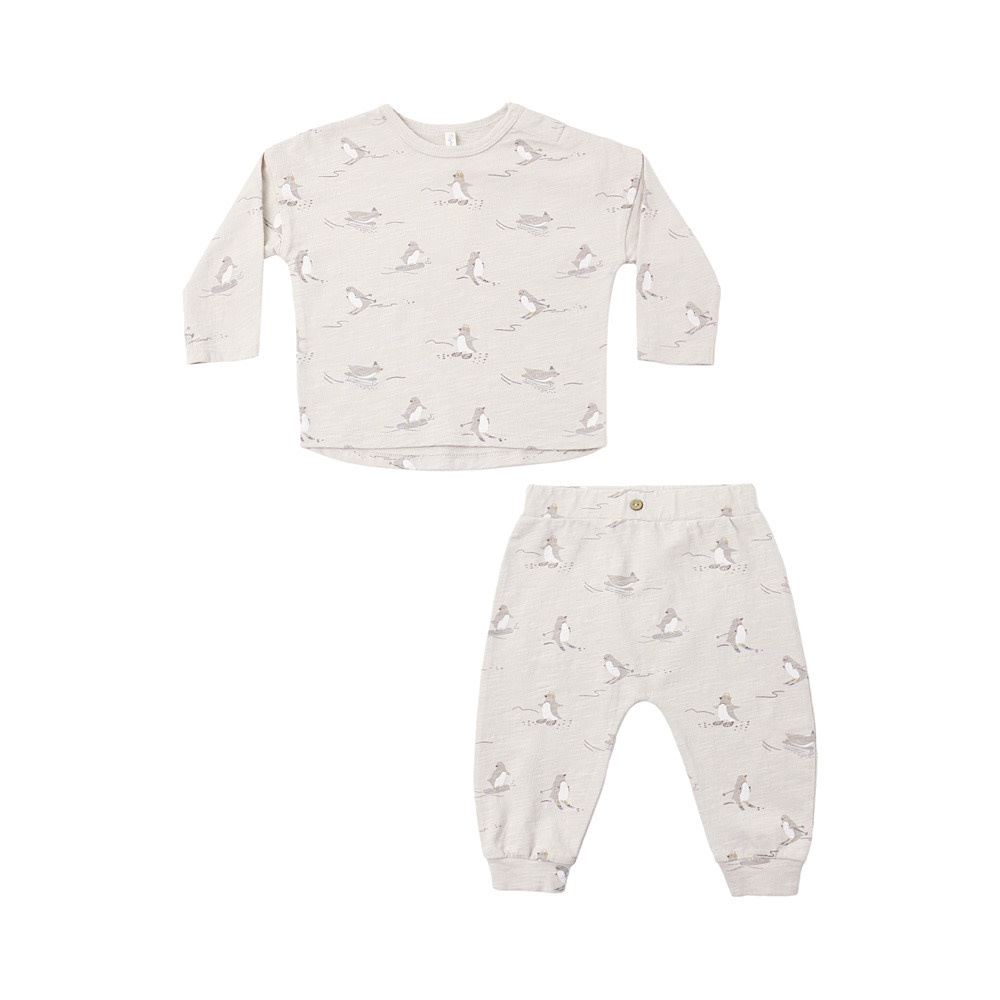 Rylee + Cru Long Sleeve Tee + Pant Set - Skiing Penguins