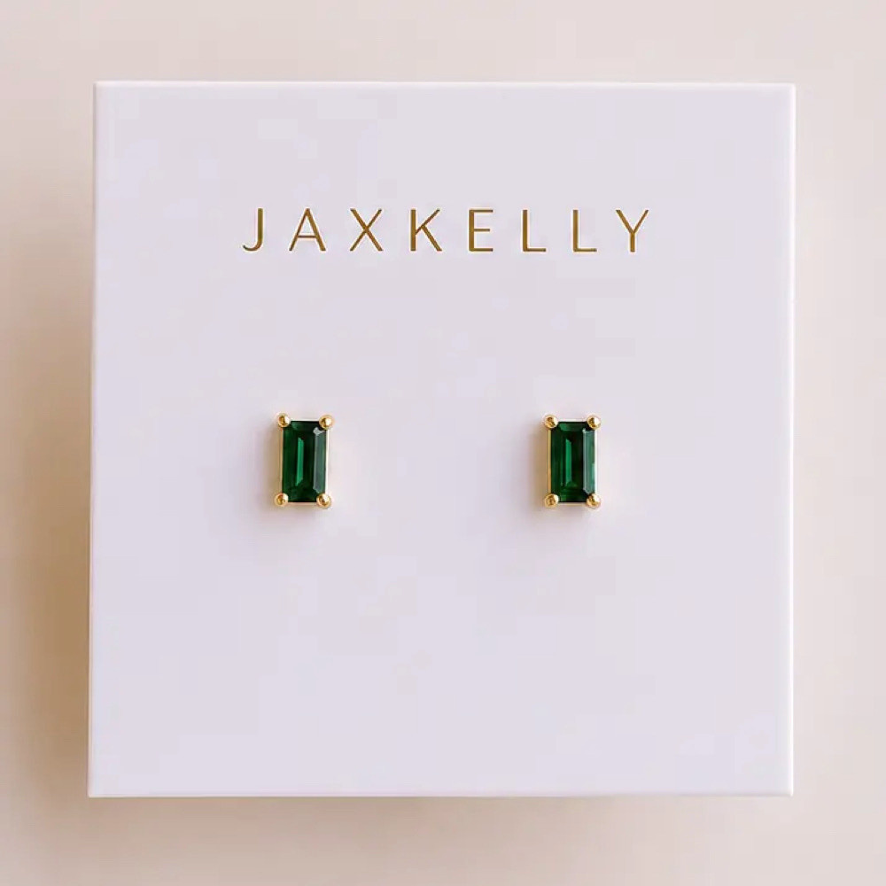 JaxKelly Baguette Stud Earrings - Emerald Gold