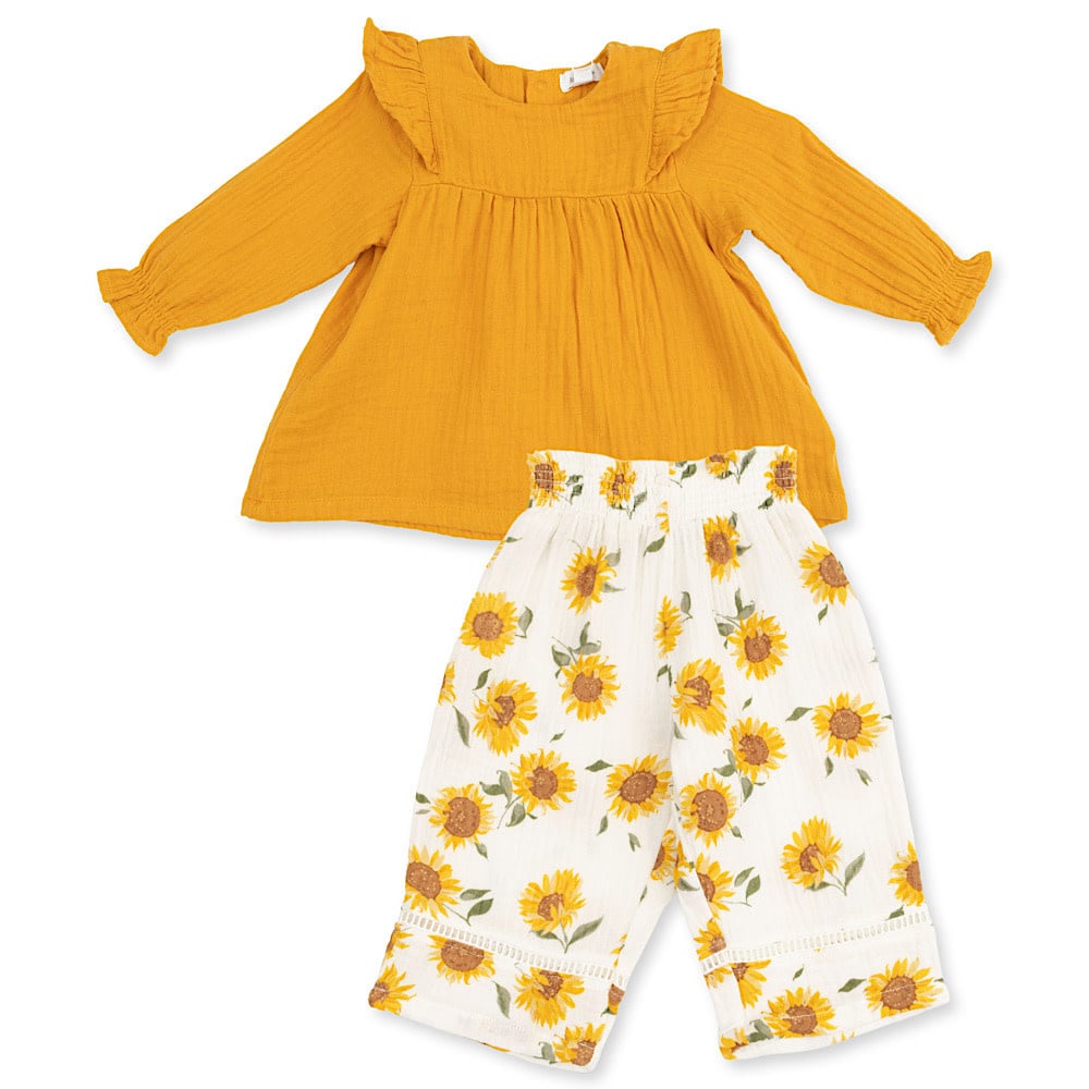 Angel Dear Angel Dear Long Sleeve Ruffle Tunic and Smocked Waist Pant - Baby Sunflower