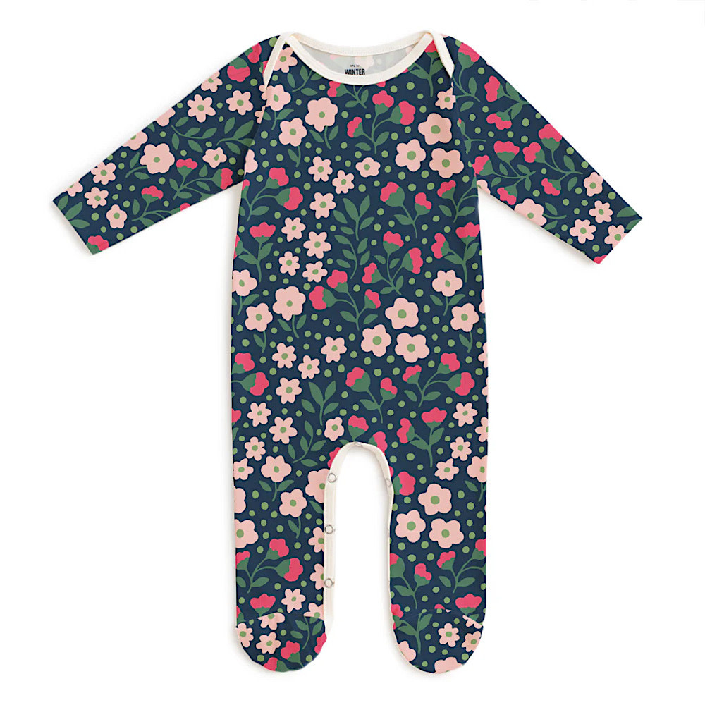Winter Water Factory Long Sleeve Footed Romper - Garden Blooms Navy & Pink