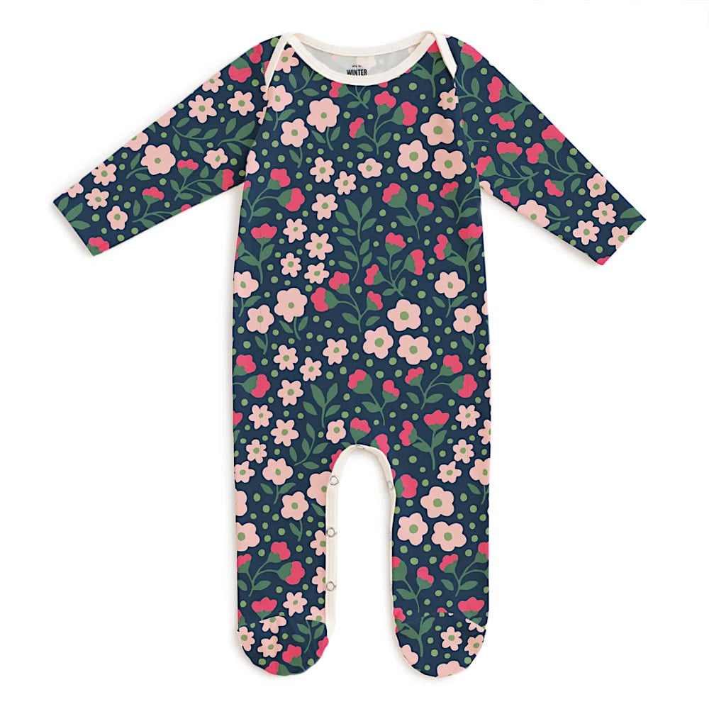 Winter Water Factory Winter Water Factory Long Sleeve Footed Romper - Garden Blooms Navy & Pink