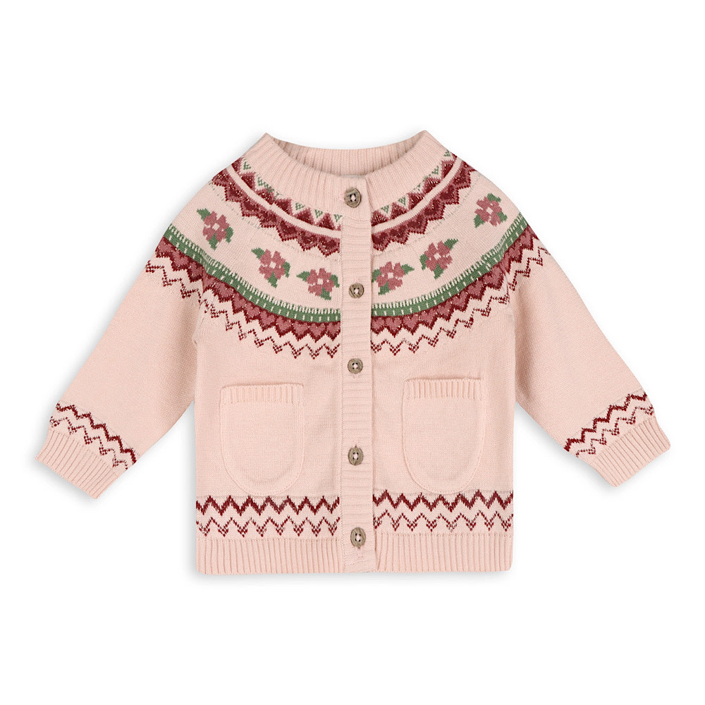 Viverano Organics Lily Floral Fair Isle Knit Baby Cardigan - Sweet Pink
