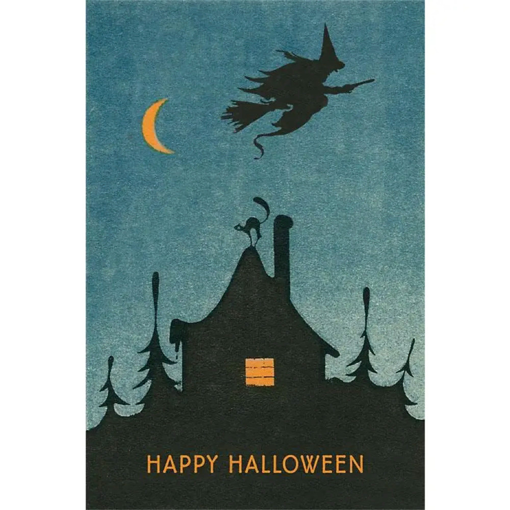  Postcard HW-195 - Witch Flying over House
