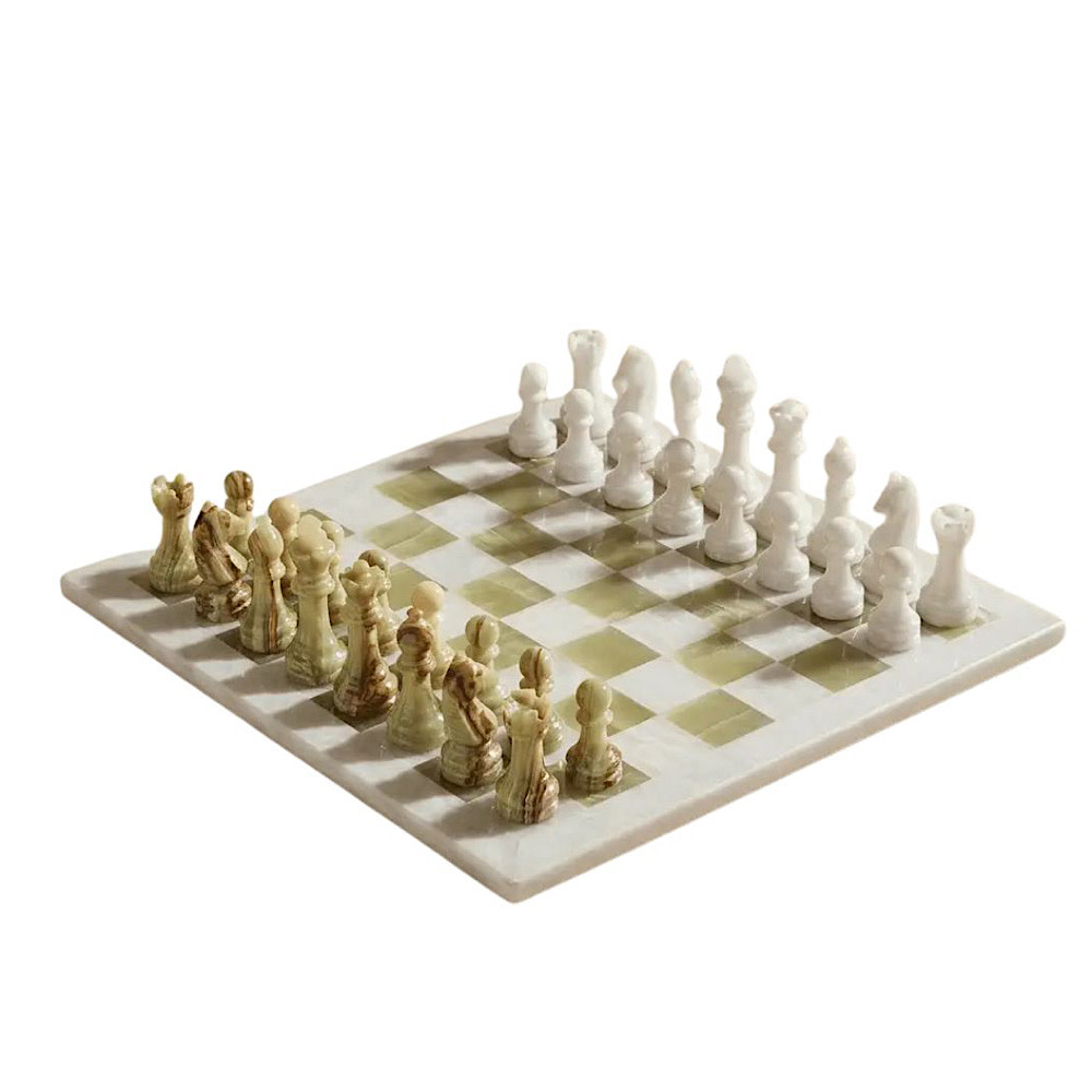  MarbleCultures Marble Chess Set - White and Green Onyx - 13 Inches