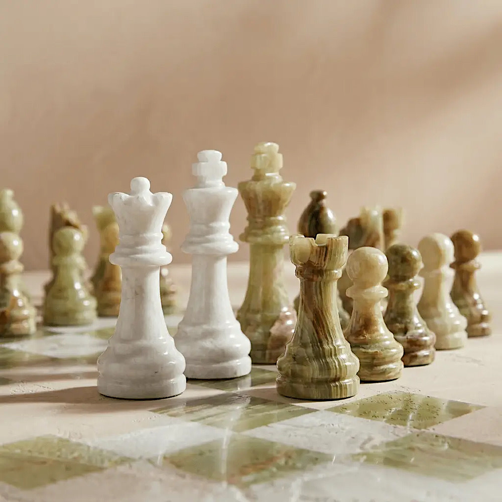 MarbleCultures Marble Chess Set - White and Green Onyx - 13 Inches