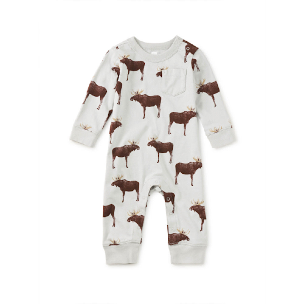 Tea Collection Long Sleeve Pocket Baby Romper - Moose Crossing