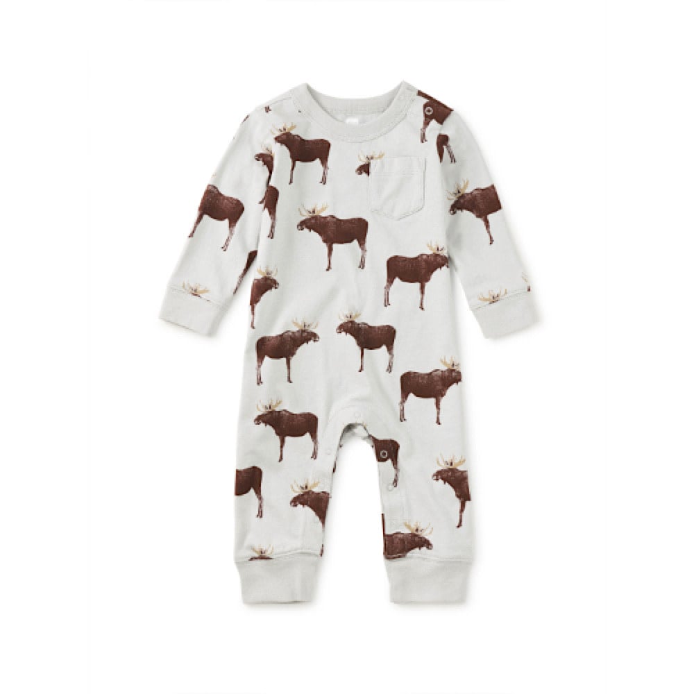 Tea Collection Tea Collection Long Sleeve Pocket Baby Romper - Moose Crossing