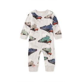 Tea Collection Tea Collection Long Sleeve Pocket Baby Romper - Great Railway Journey